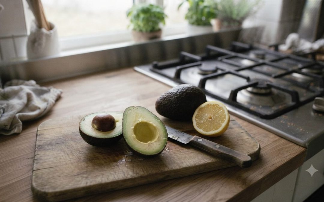 Moden avocado skåret over på skærebræt - avocado guide
