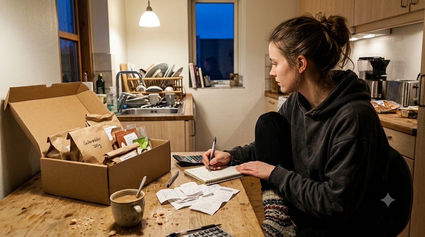 Kvinde lægger madbudget med kvitteringer og åben billig måltidskasse på køkkenbordet