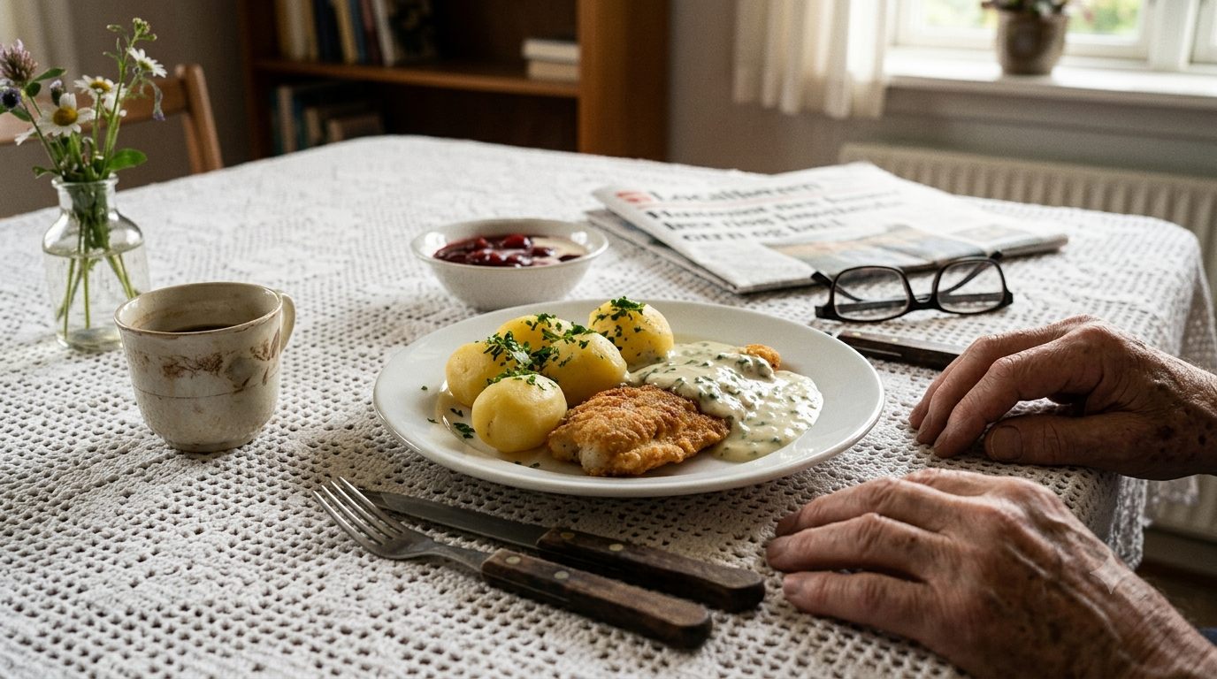 Klassisk dansk færdigret med stegt fisk og kartofler serveret hjemme hos en ældre borger