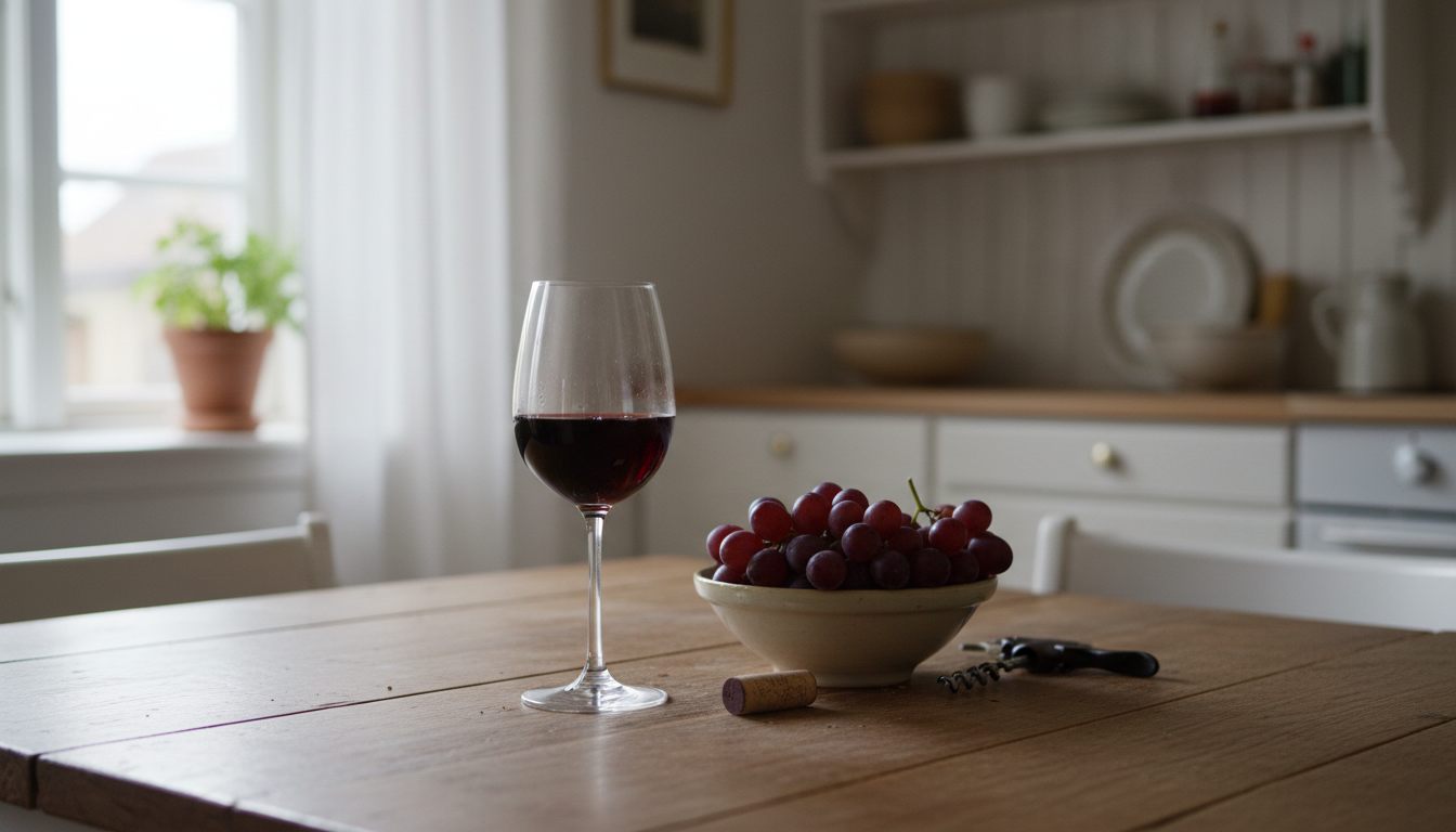 Et glas rødvin på et egetræsbord ved siden af en skål røde druer – er rødvin sundt