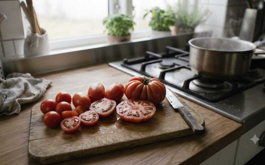 Friske tomater skåret på skærebræt - er tomat en frugt
