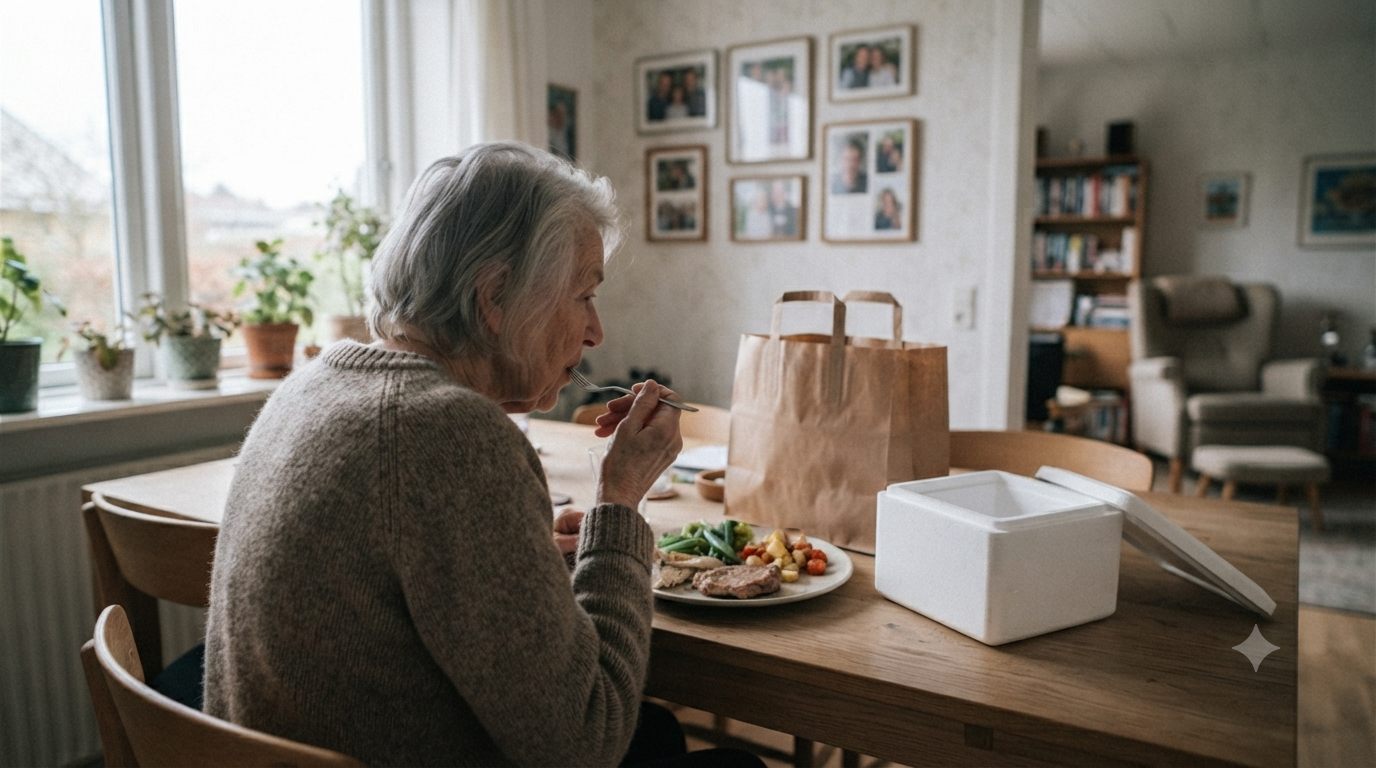 Ældre kvinde nyder færdiglavet varm middagsret hjemme ved spisebordet