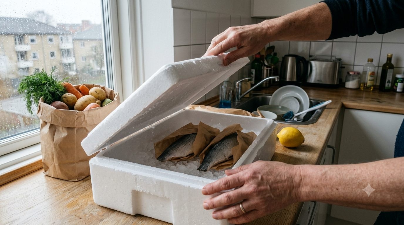 Isoleret fiskekasse åbnes med friske fiskefileter på skæl-is