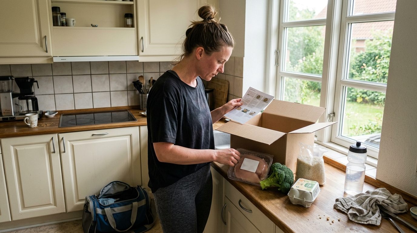 Kvinde i træningstøj pakker proteinrig måltidskasse ud efter træning