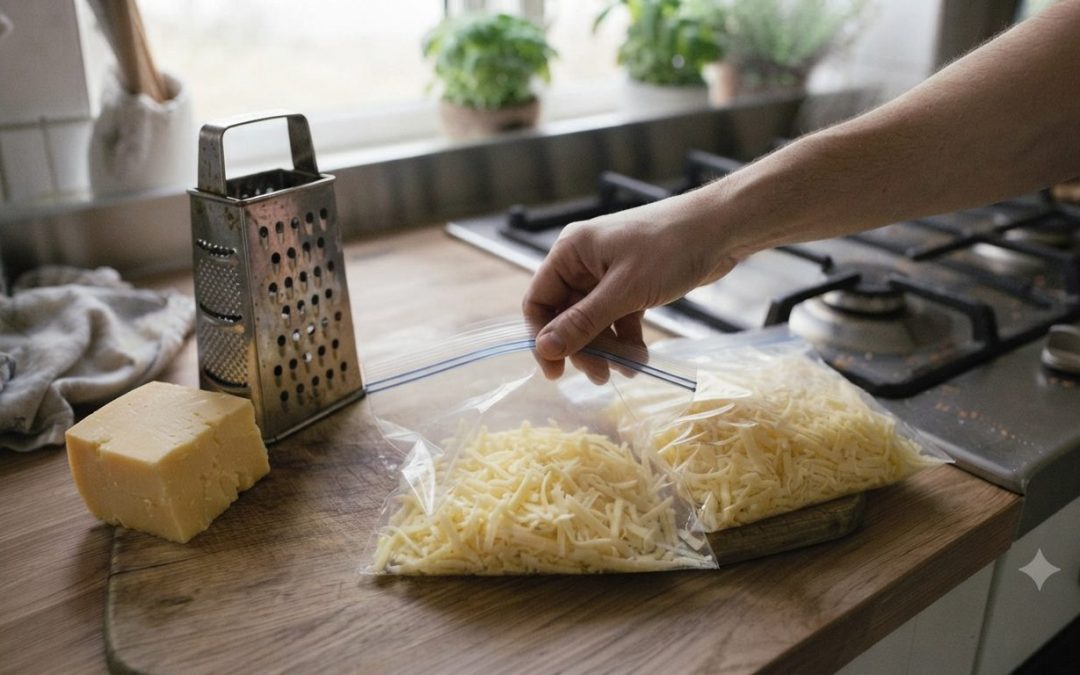Revet ost i fryseposer på køkkenbord - kan man fryse ost
