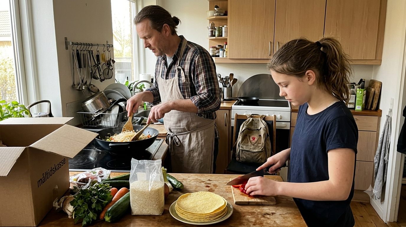 Far og datter laver glutenfri aftensmad med risnudler i dansk parcelhuskøkken