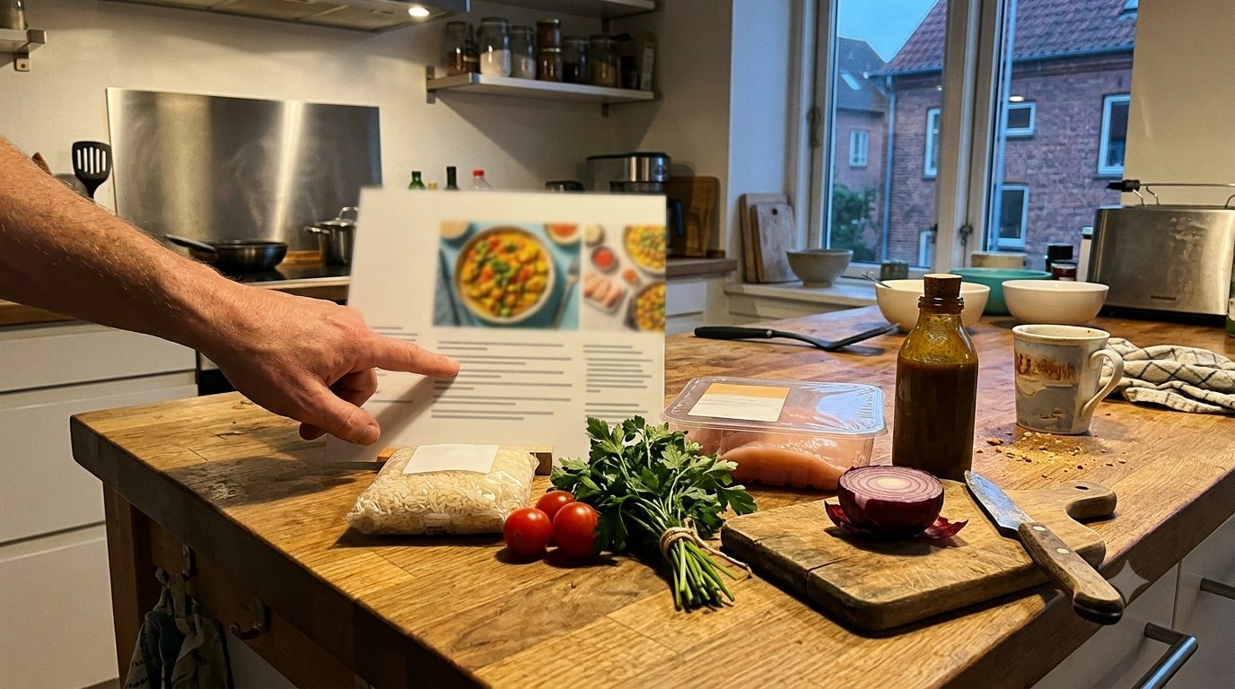 Opskriftskort og afmålte ingredienser fra måltidskasse klar på køkkenbordet