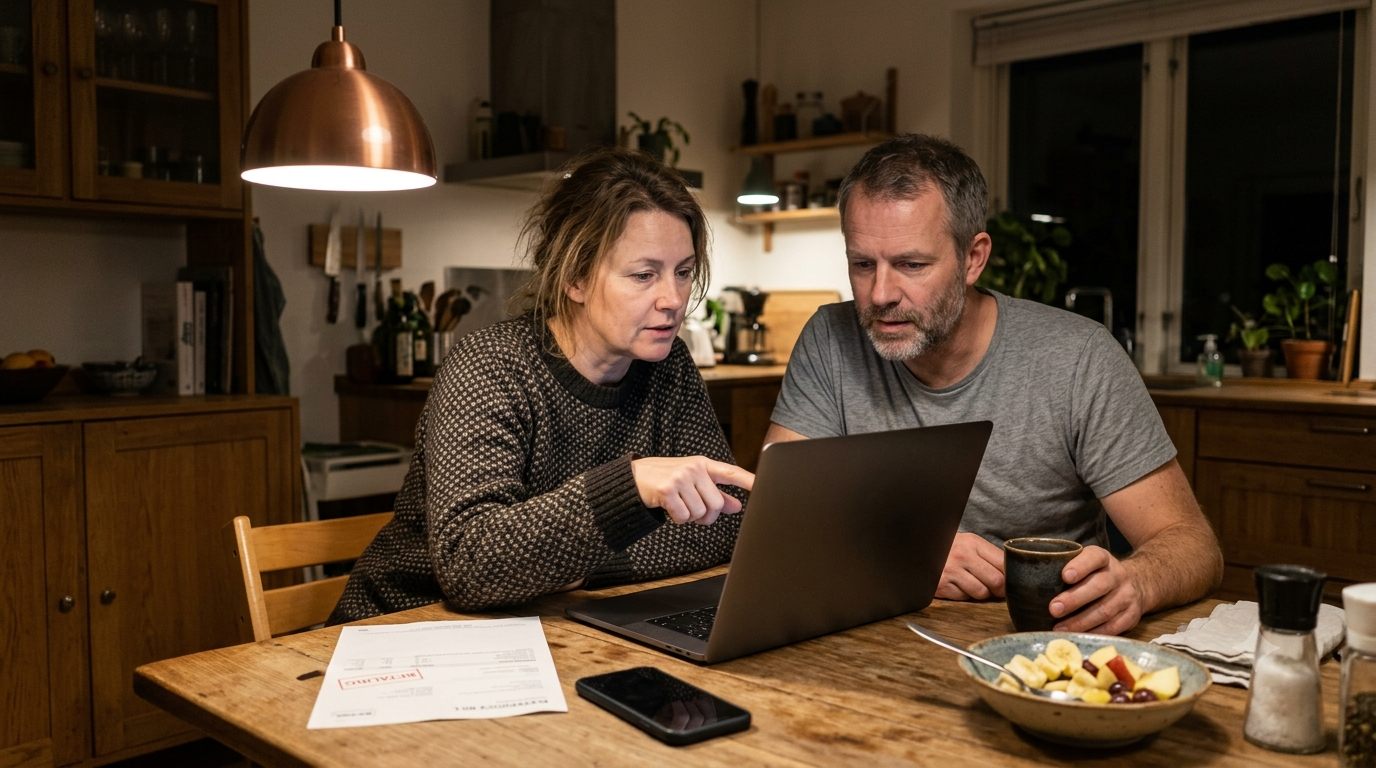 Par bestiller måltidskasse med rabat på laptop i dansk køkken