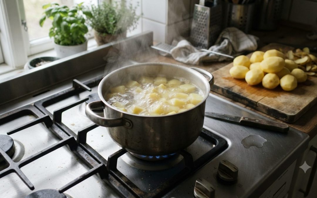 Kartofler der koger i gryde på komfur - kogetid og portioner