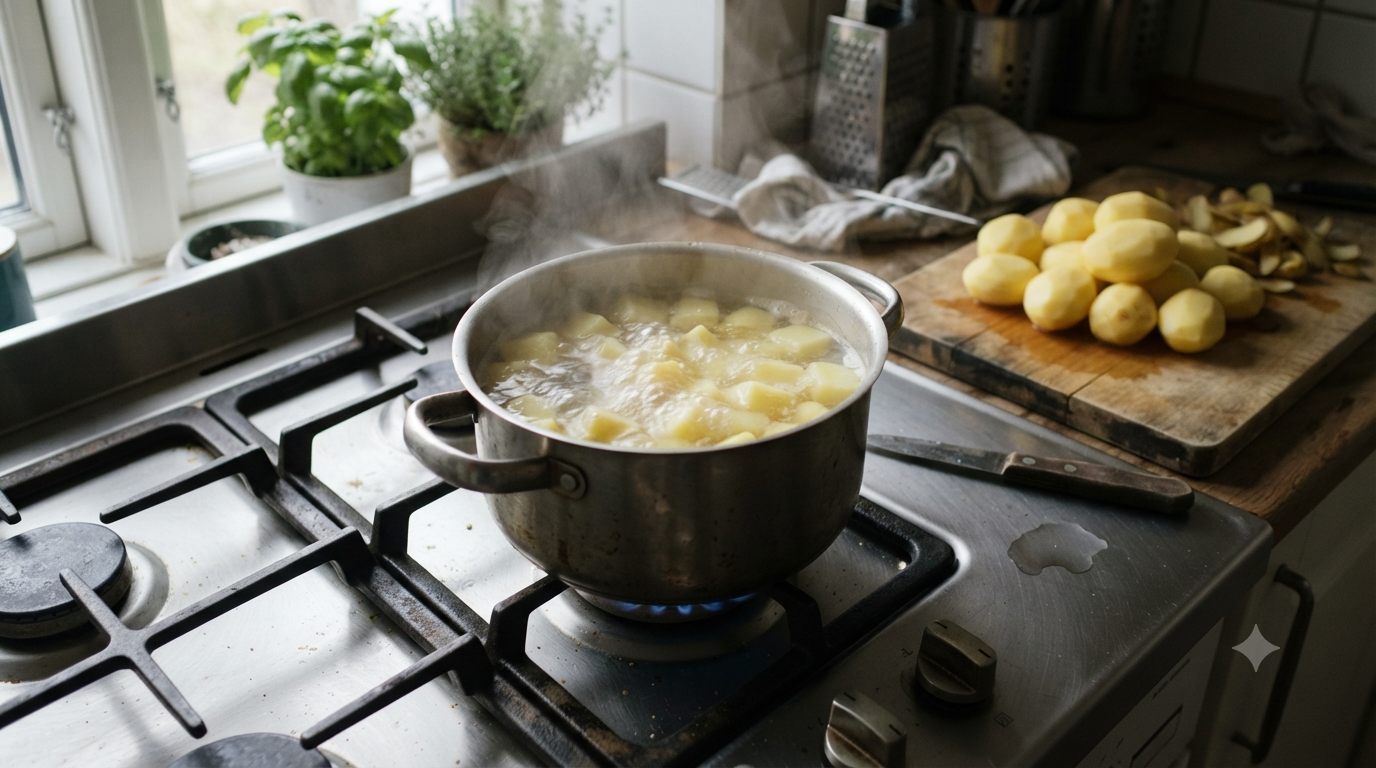 Kartofler der koger i gryde på komfur – kogetid og portioner