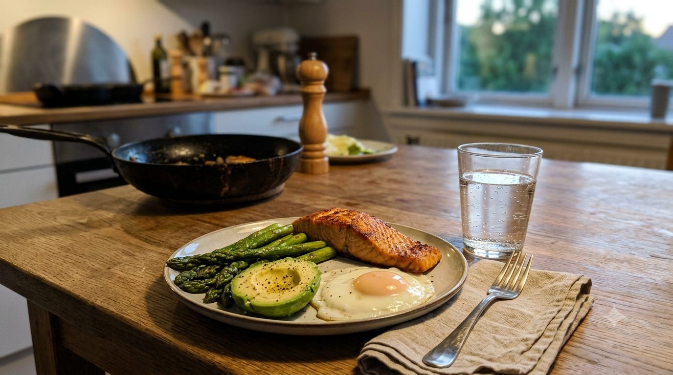 Keto-aftensmad med laks, asparges og avocado på dansk spisebord