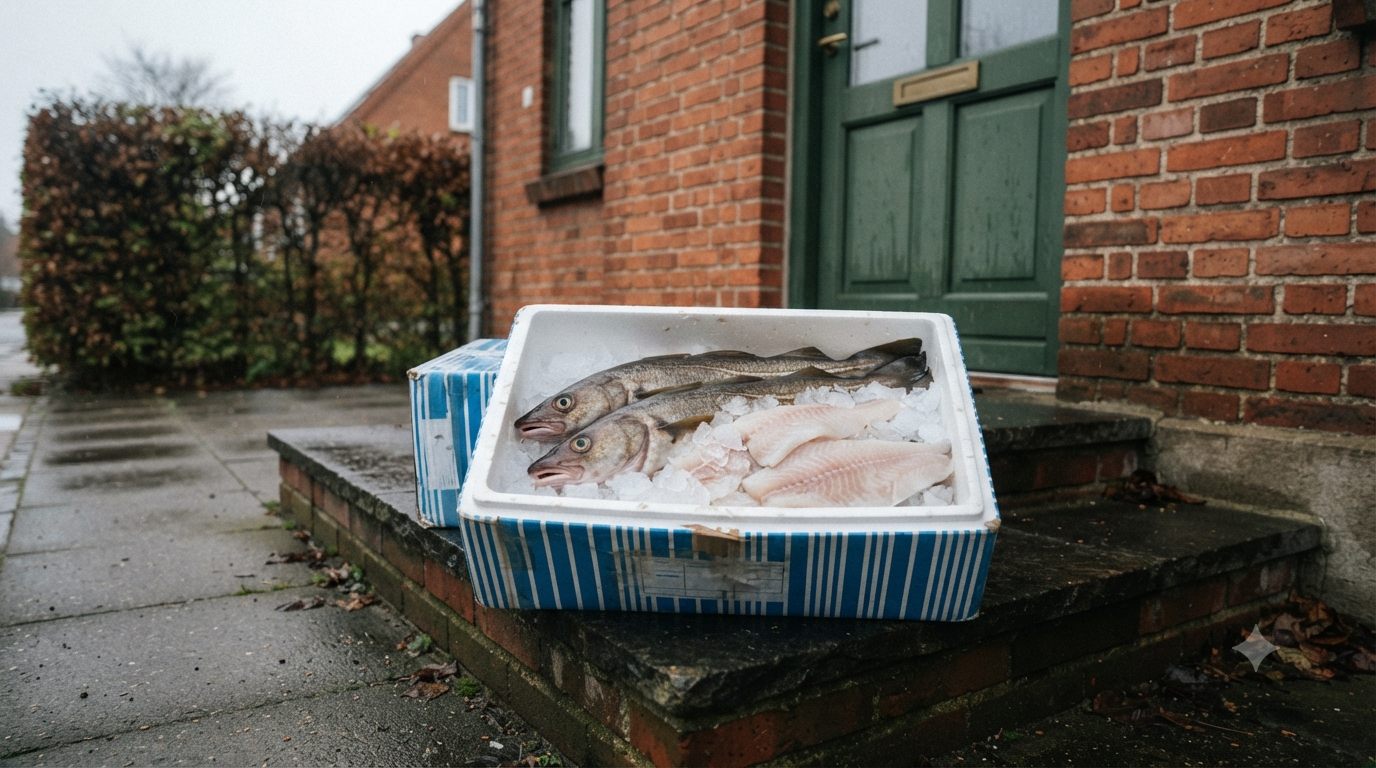 Friske fisk pakket på is i leveringskasse på dørtrappen – Kystfisken anmeldelse