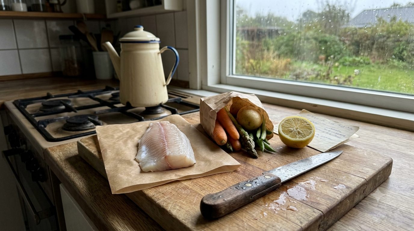 Enkelt kuvert med frisk fisk og grøntsager fra måltidskasse til 1 person
