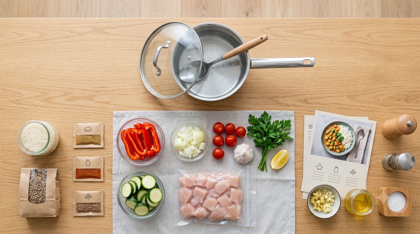 Afmålte ingredienser og opskriftskort fra en måltidskasse set ovenfra