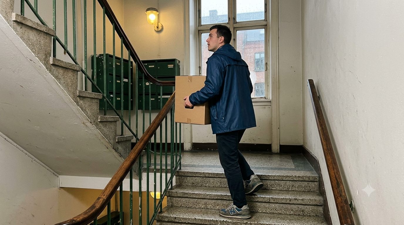 Person bærer måltidskasse op ad trappe i københavnsk opgang