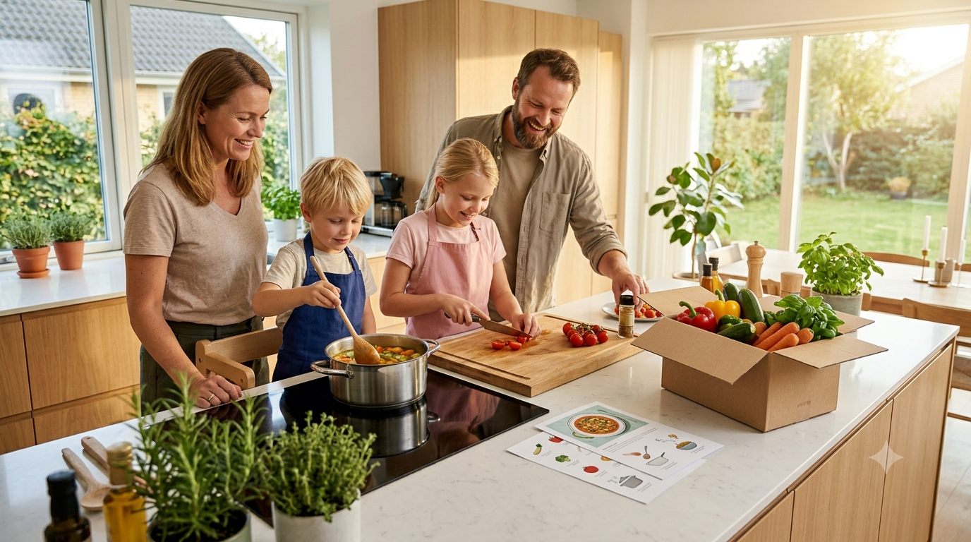 Børnefamilie laver aftensmad sammen fra måltidskasse i lyst køkken