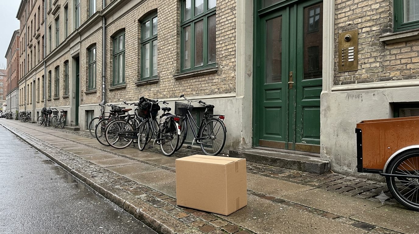 Måltidskasse leveret foran etageejendom i dansk by
