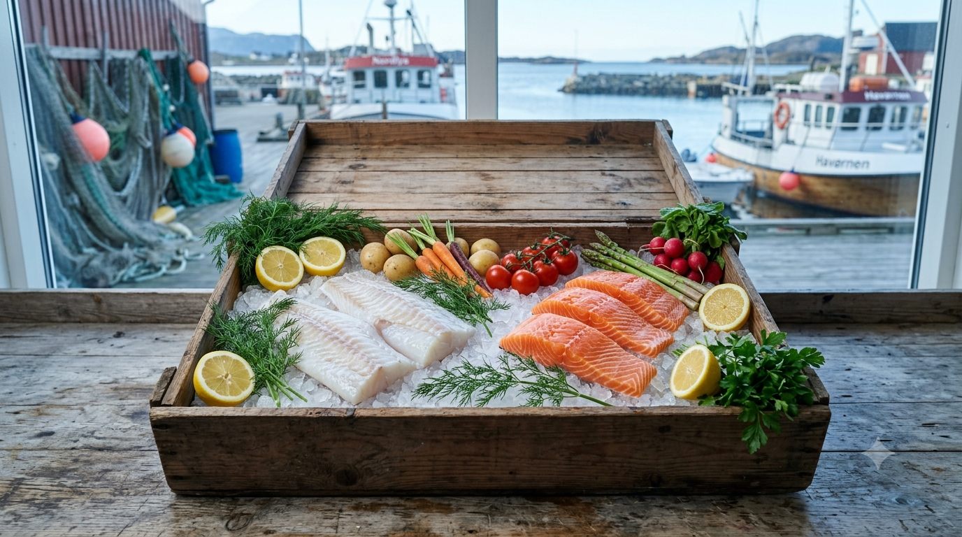 Frisk fisk på is i leveringskasse med citron og grøntsager – måltidskasse med fisk
