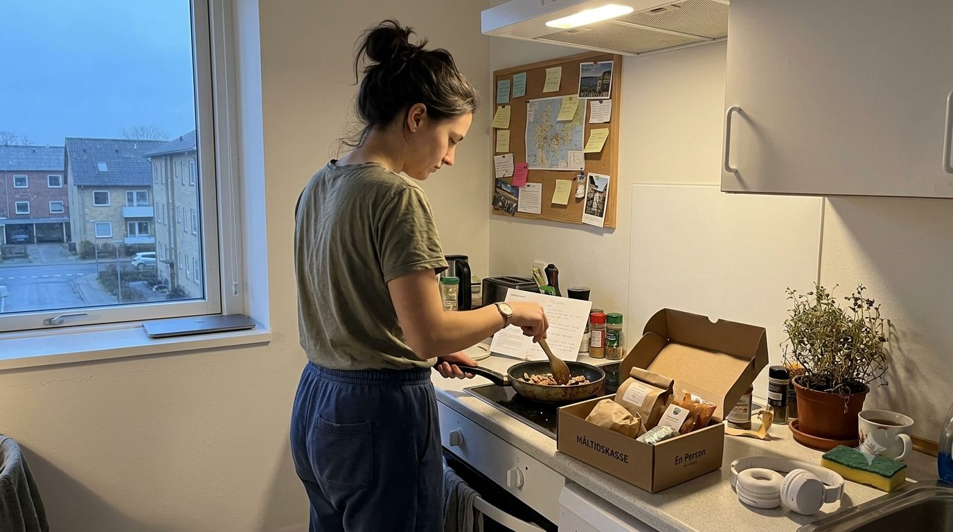 Person laver aftensmad til sig selv fra måltidskasse til 1 person i lille dansk køkken