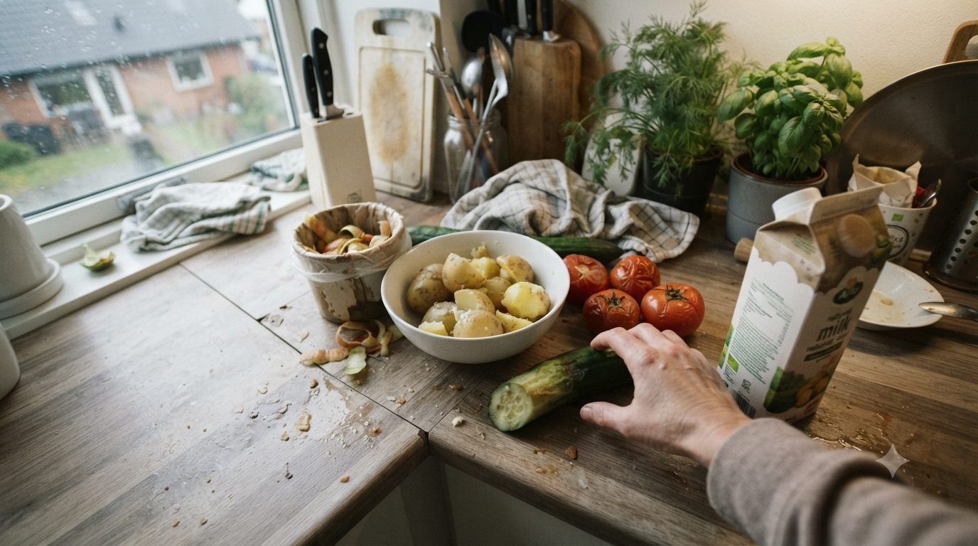 Madrester og grøntsagsaffald i en skål på et dansk køkkenbord – madspild i Danmark