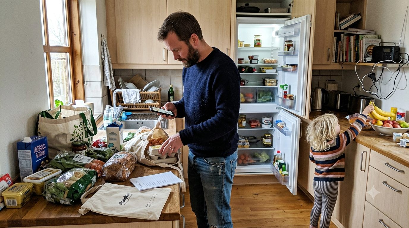 Far pakker dagligvarer og måltids-ingredienser ud i dansk parcelhuskøkken