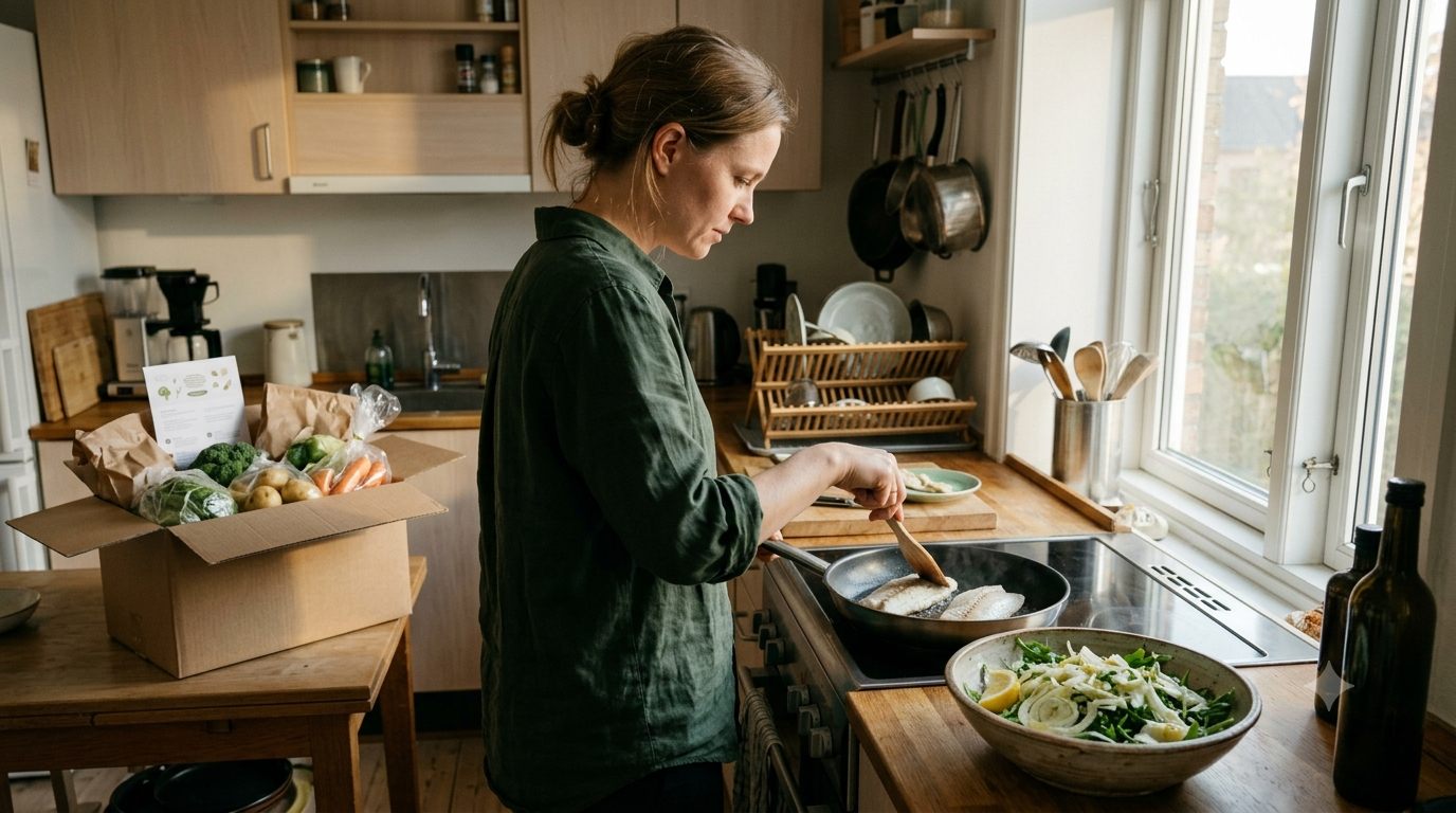 Kvinde steger fiskefileter fra pescetar måltidskasse i lyst dansk køkken