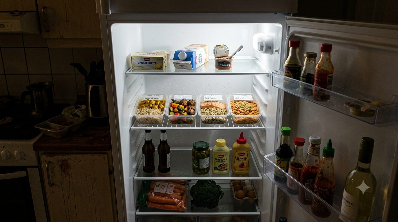 Portionsanrettede færdigretter fra måltidskasse på hylde i køleskab