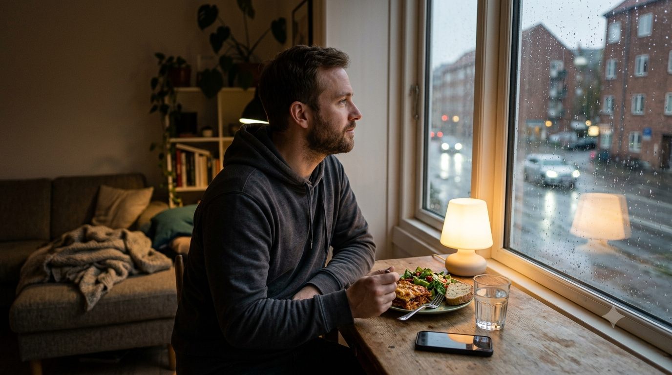 Person spiser aftensmad alene ved vindue i dansk lejlighed
