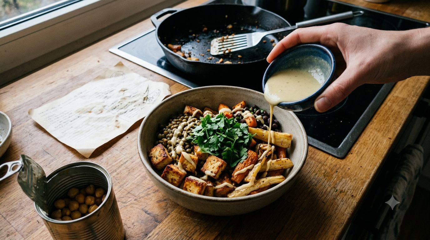 Vegansk aftensmadsret med tofu og rodfrugter anrettes i skål