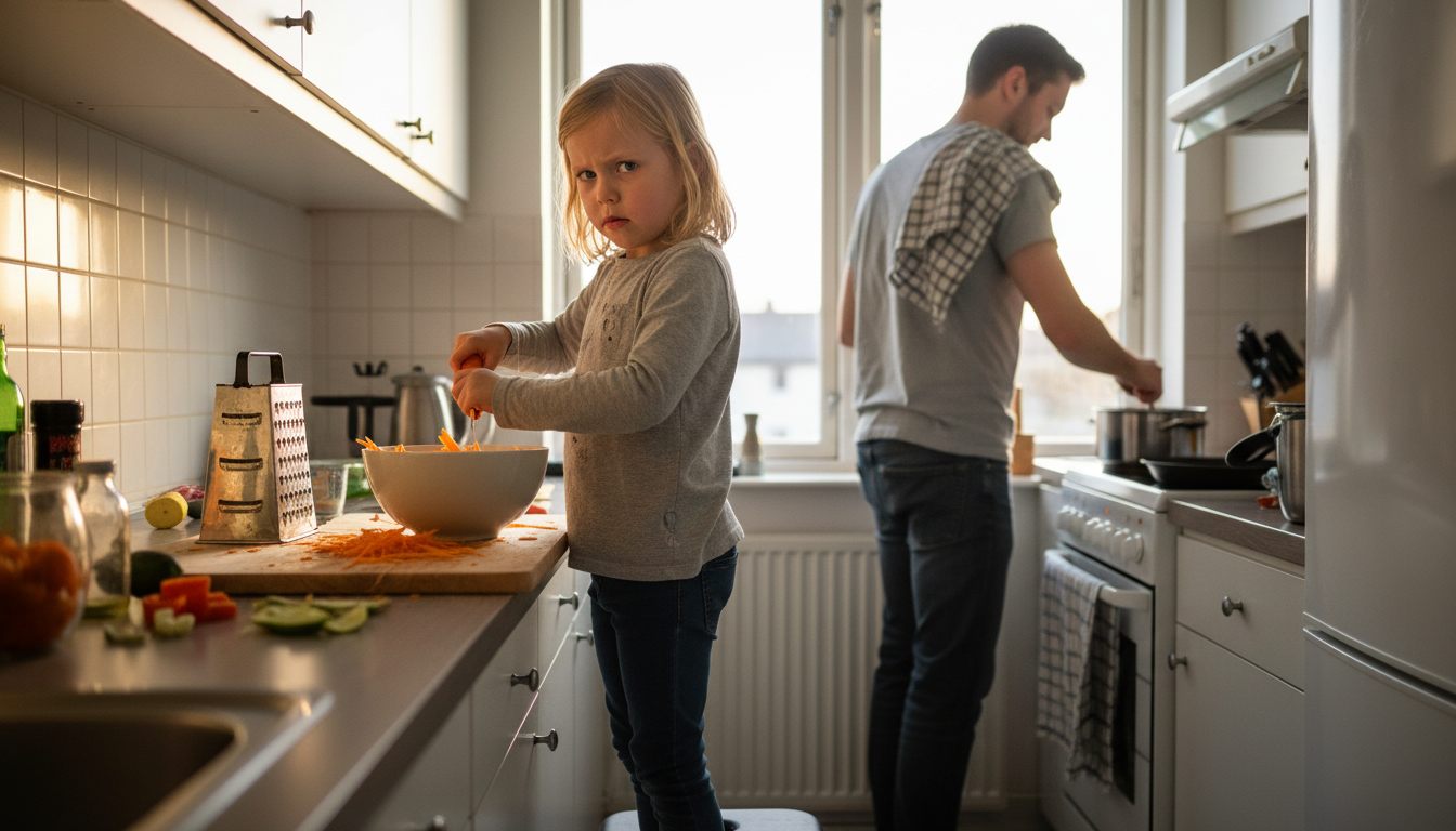 Barn river gulerødder til aftensmaden fra en børnevenlig måltidskasse
