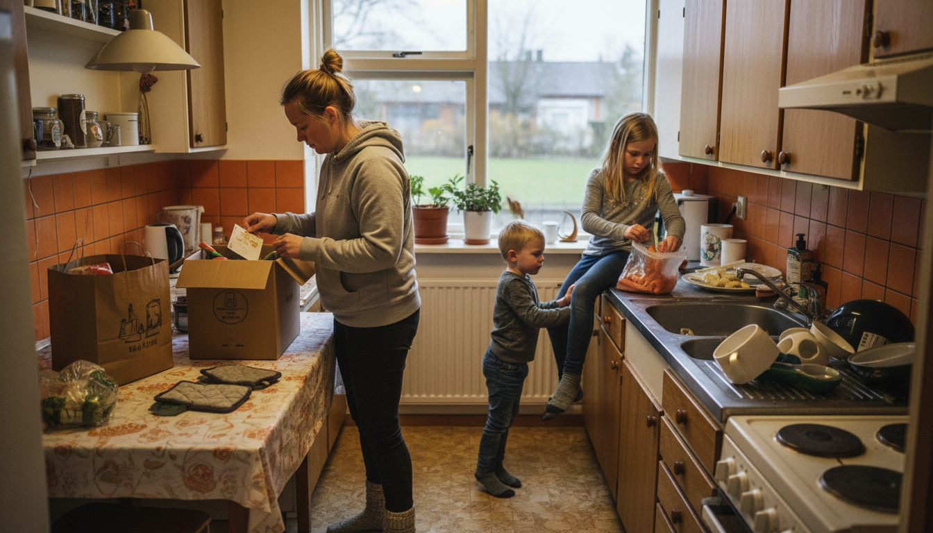 Børnefamilie pakker måltidskasse ud i køkkenet før aftensmaden