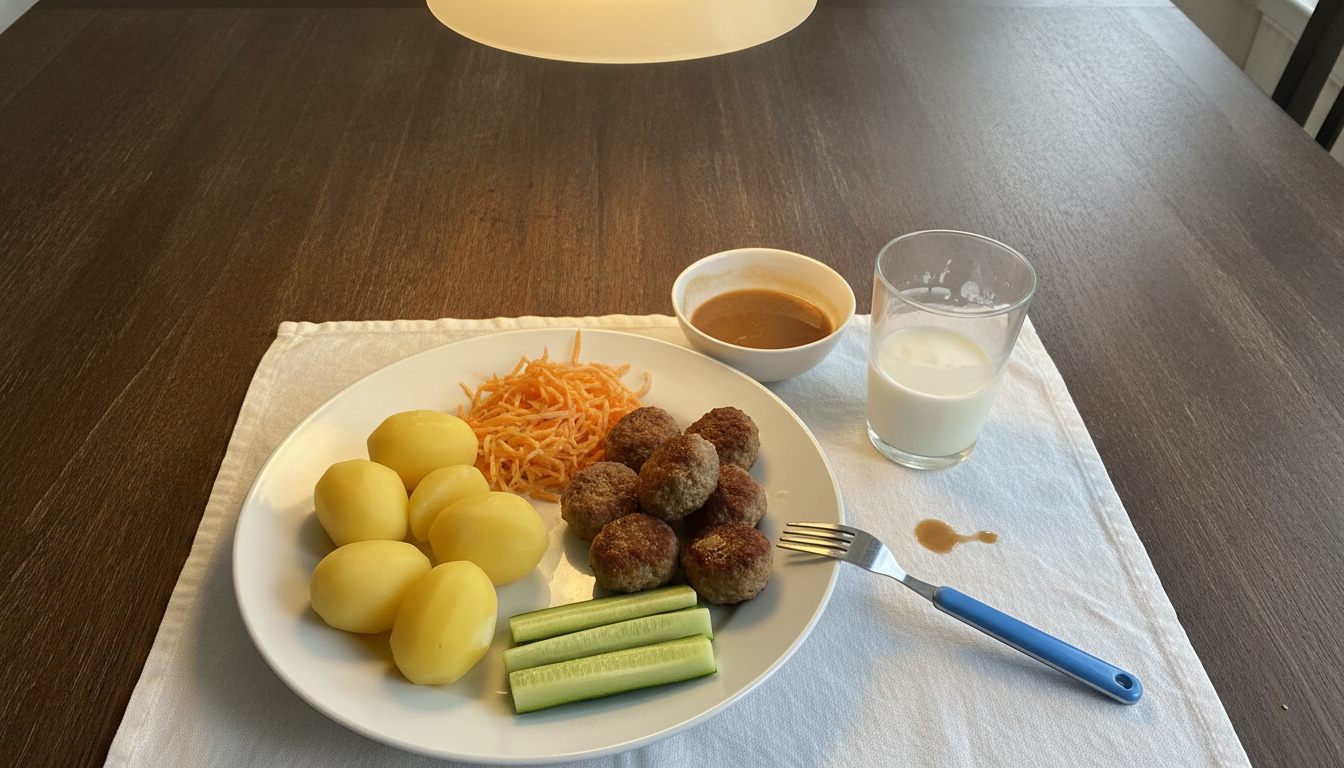 Børnevenlig aftensmad serveret med adskilte komponenter på tallerkenen